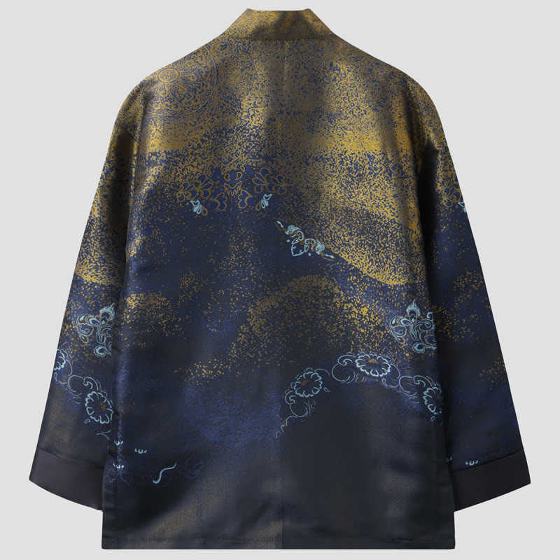 Nimara Ritual Golden Desert Blue Flowers Frog-Button Long Sleeve Men's Jacket With Pockets