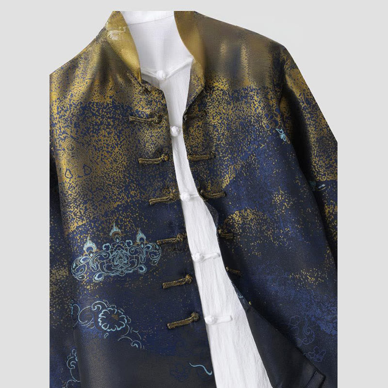 Nimara Ritual Golden Desert Blue Flowers Frog-Button Long Sleeve Men's Jacket With Pockets