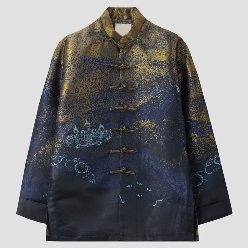 Nimara Ritual Golden Desert Blue Flowers Frog-Button Long Sleeve Men's Jacket With Pockets