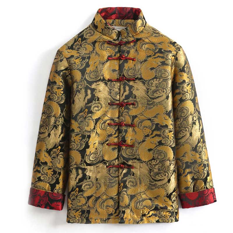 Nimara Ritual Winter Dragon Jacquard Warm Frog-Button Long Sleeve Men's Jacket With Pockets