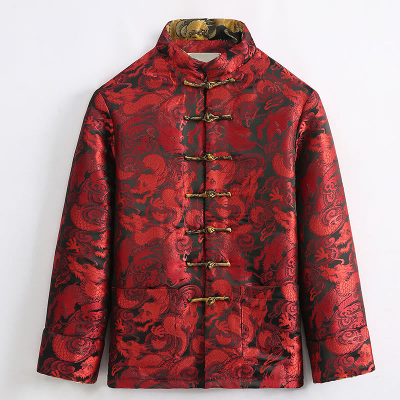 Nimara Ritual Winter Dragon Jacquard Warm Frog-Button Long Sleeve Men's Jacket With Pockets