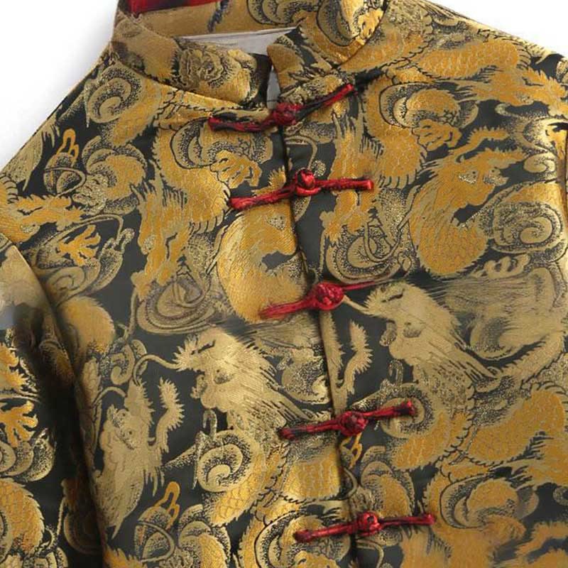 Nimara Ritual Winter Dragon Jacquard Warm Frog-Button Long Sleeve Men's Jacket With Pockets