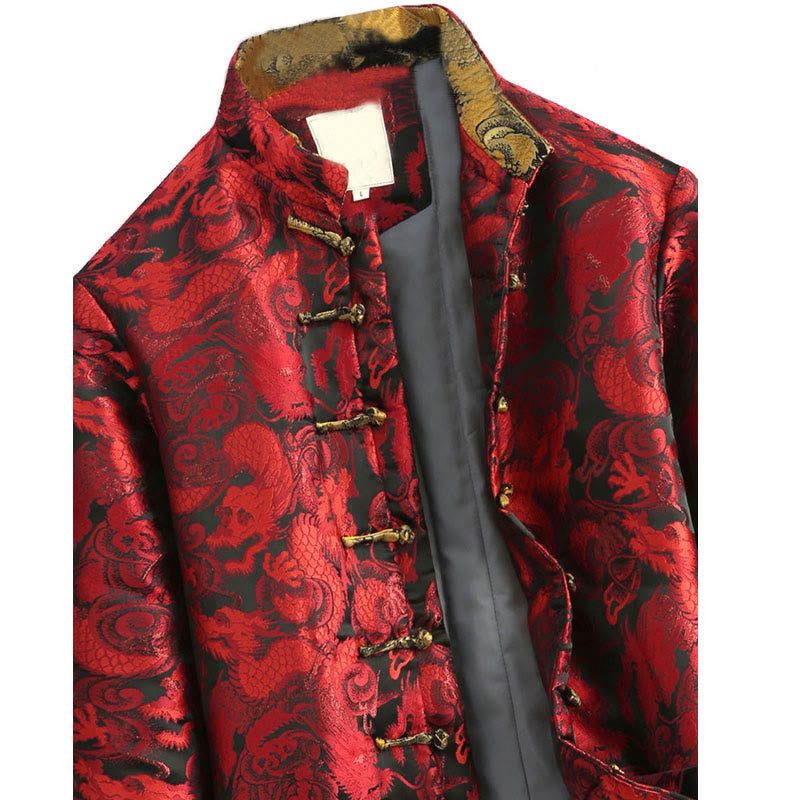 Nimara Ritual Winter Dragon Jacquard Warm Frog-Button Long Sleeve Men's Jacket With Pockets