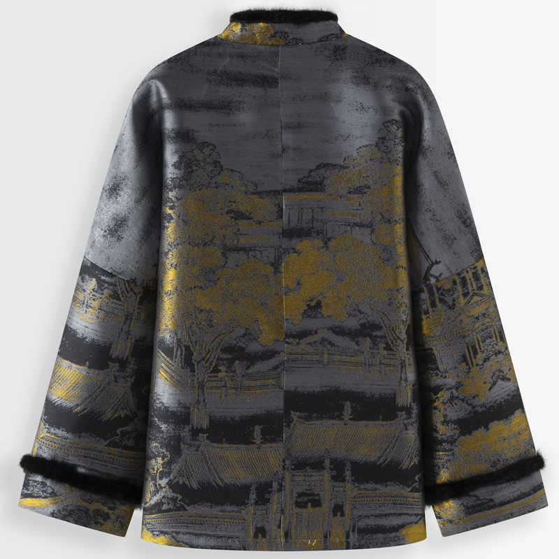 Nimara Ritual Ancient Buildings Trees Frog-Button Long Sleeve Men's Jacket With Pockets