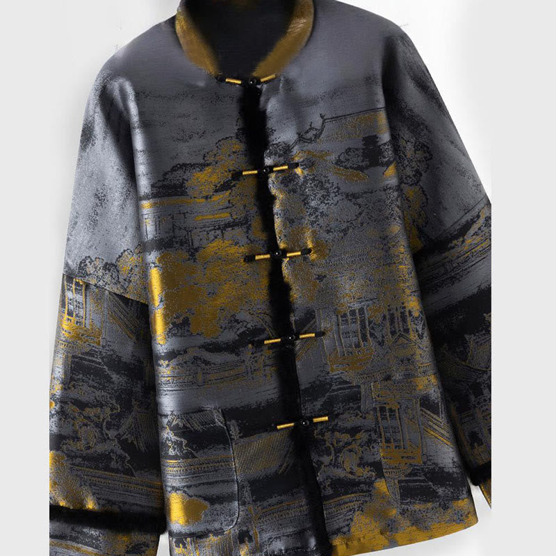Nimara Ritual Ancient Buildings Trees Frog-Button Long Sleeve Men's Jacket With Pockets