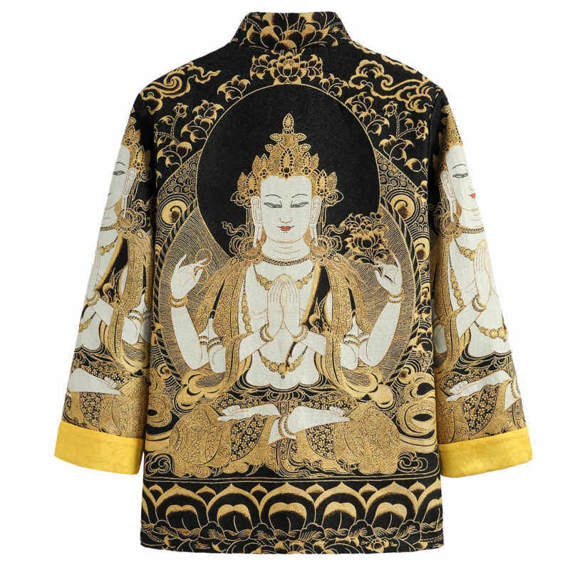 Nimara Ritual Avalokitesvara Guanyin Frog-Button Long Sleeve Men's Jacket