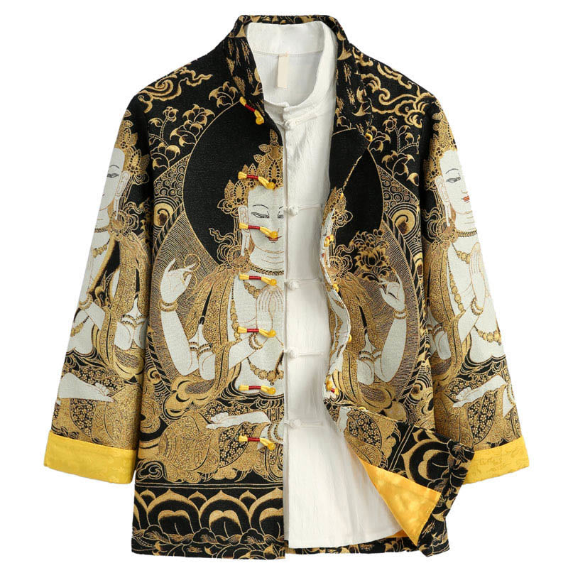 Nimara Ritual Avalokitesvara Guanyin Frog-Button Long Sleeve Men's Jacket