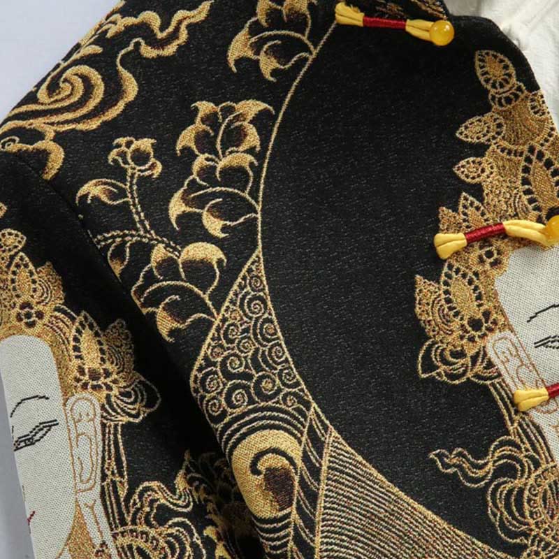 Nimara Ritual Avalokitesvara Guanyin Frog-Button Long Sleeve Men's Jacket