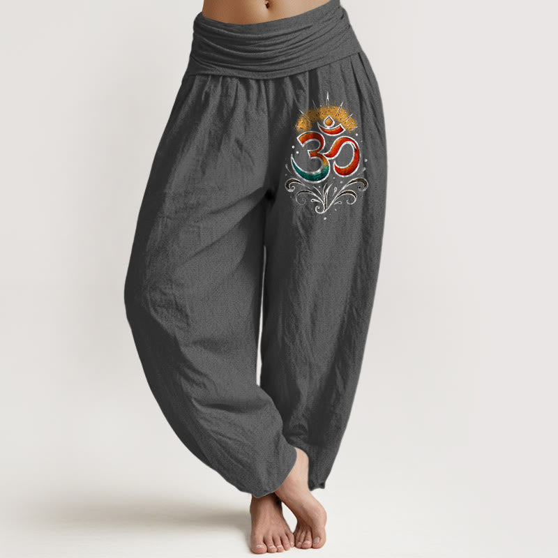 Nimara Ritual Om Symbol Light Pattern Women's Elastic Waist Harem Cotton Pants