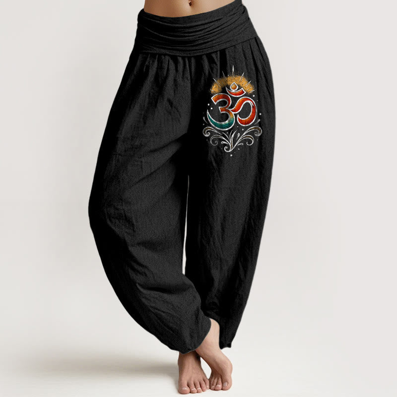Nimara Ritual Om Symbol Light Pattern Women's Elastic Waist Harem Cotton Pants