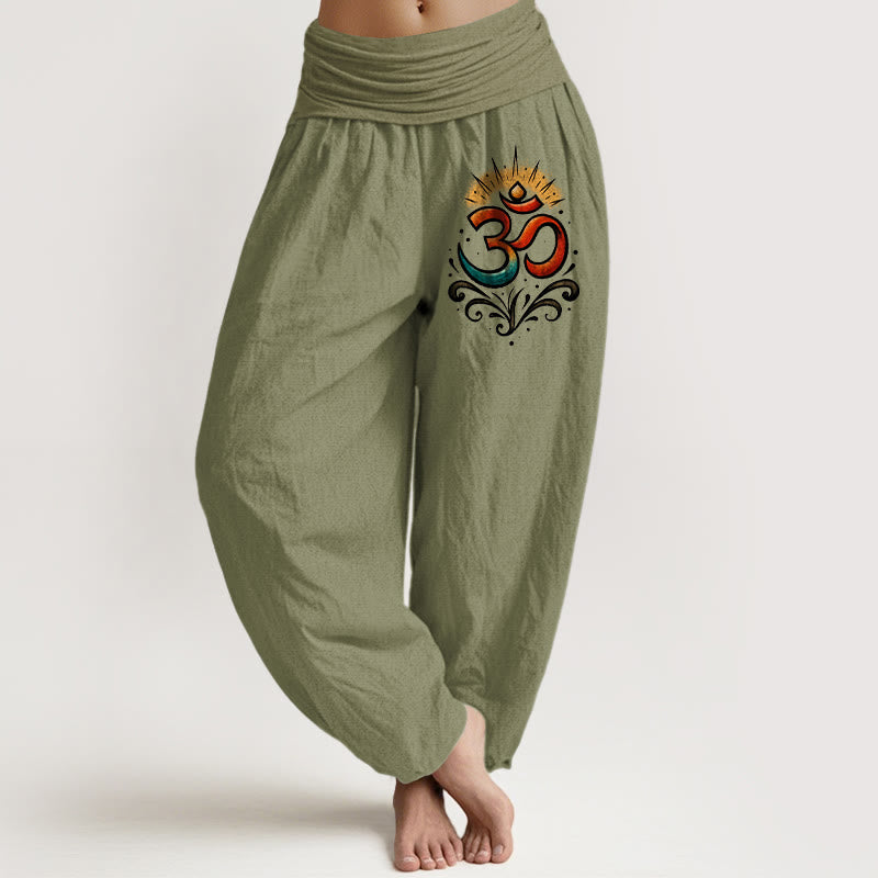 Nimara Ritual Om Symbol Light Pattern Women's Elastic Waist Harem Cotton Pants
