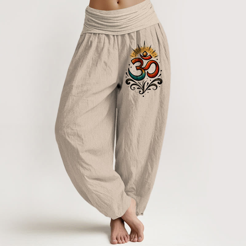 Nimara Ritual Om Symbol Light Pattern Women's Elastic Waist Harem Cotton Pants