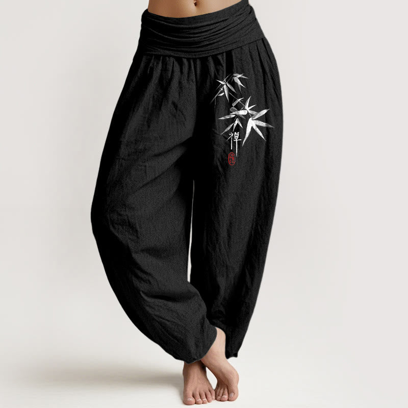 Nimara Ritual Pure Cotton Bamboo Zen Pattern Women's Elastic Waist Harem Pants