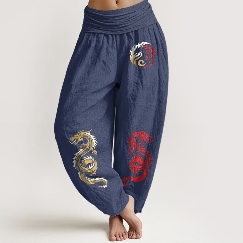 Nimara Ritual Pure Cotton Dragon Pattern Women's Elastic Waist Harem Pants