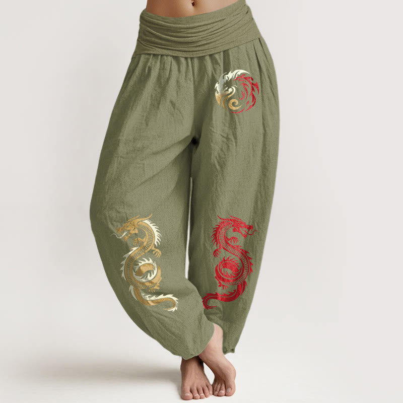 Nimara Ritual Pure Cotton Dragon Pattern Women's Elastic Waist Harem Pants