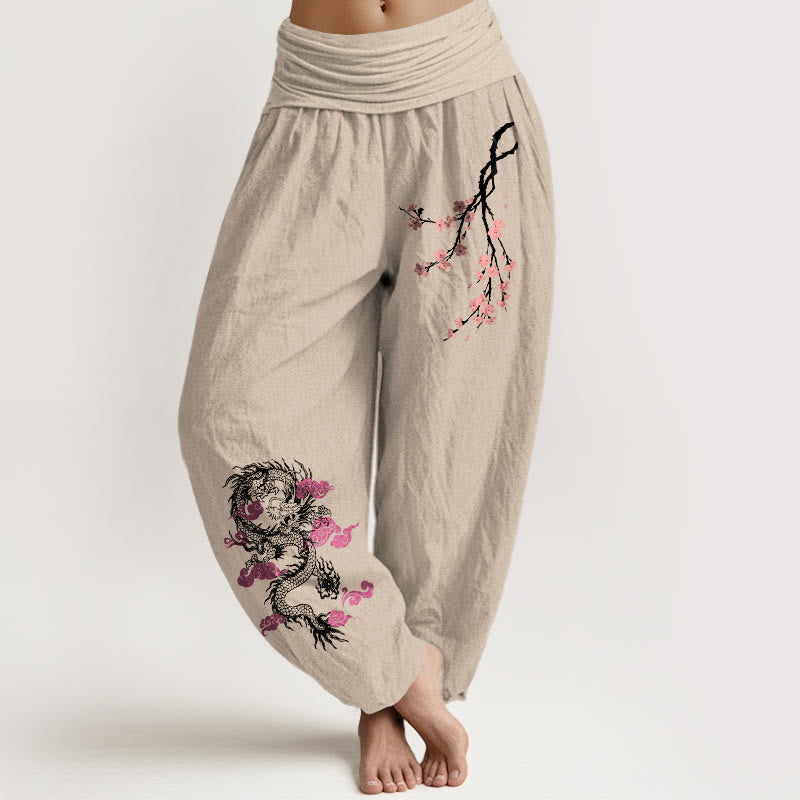 Nimara Ritual Dragon Auspicious Clouds Flower Pattern Women's Elastic Waist Harem Cotton Pants