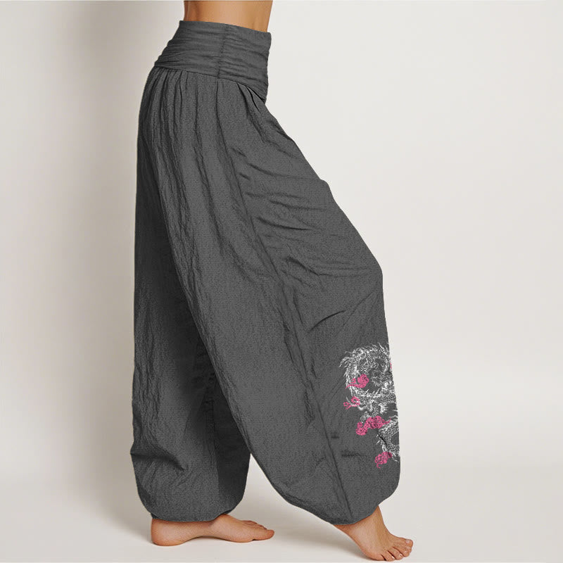 Nimara Ritual Dragon Auspicious Clouds Flower Pattern Women's Elastic Waist Harem Cotton Pants