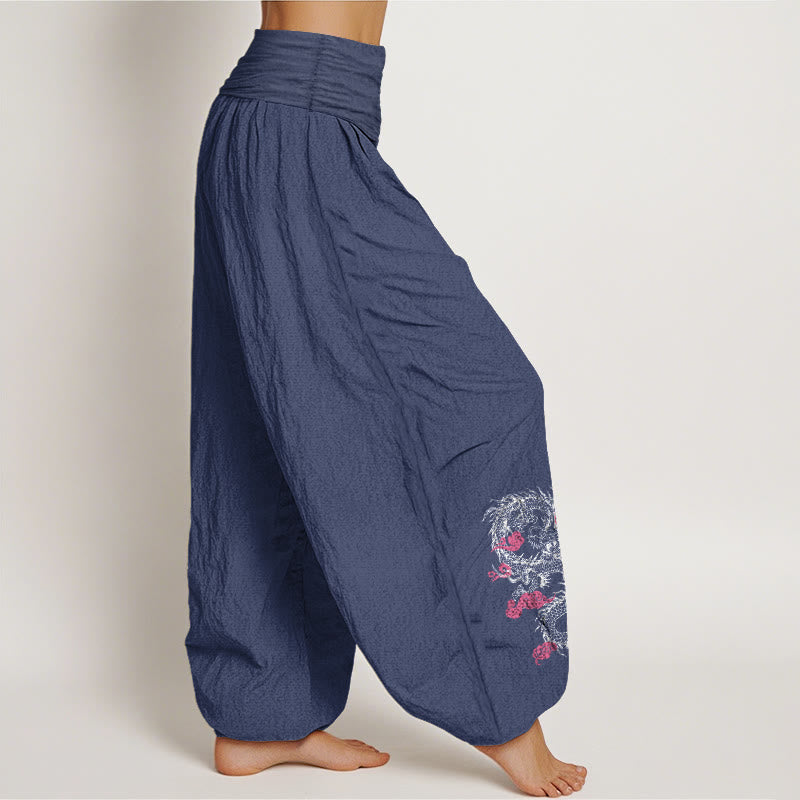 Nimara Ritual Dragon Auspicious Clouds Flower Pattern Women's Elastic Waist Harem Cotton Pants