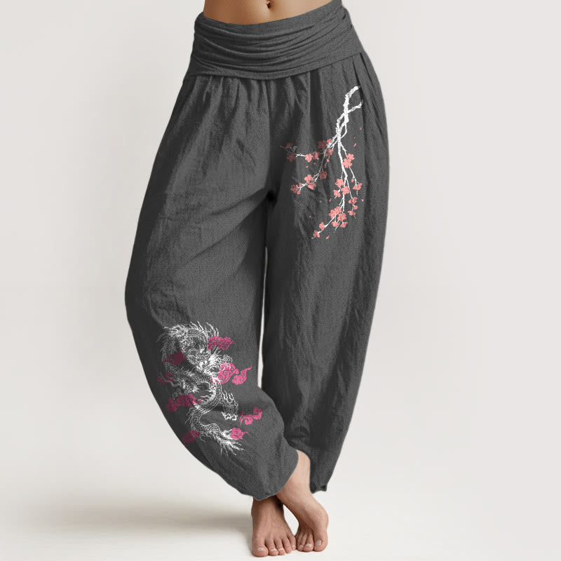 Nimara Ritual Dragon Auspicious Clouds Flower Pattern Women's Elastic Waist Harem Cotton Pants