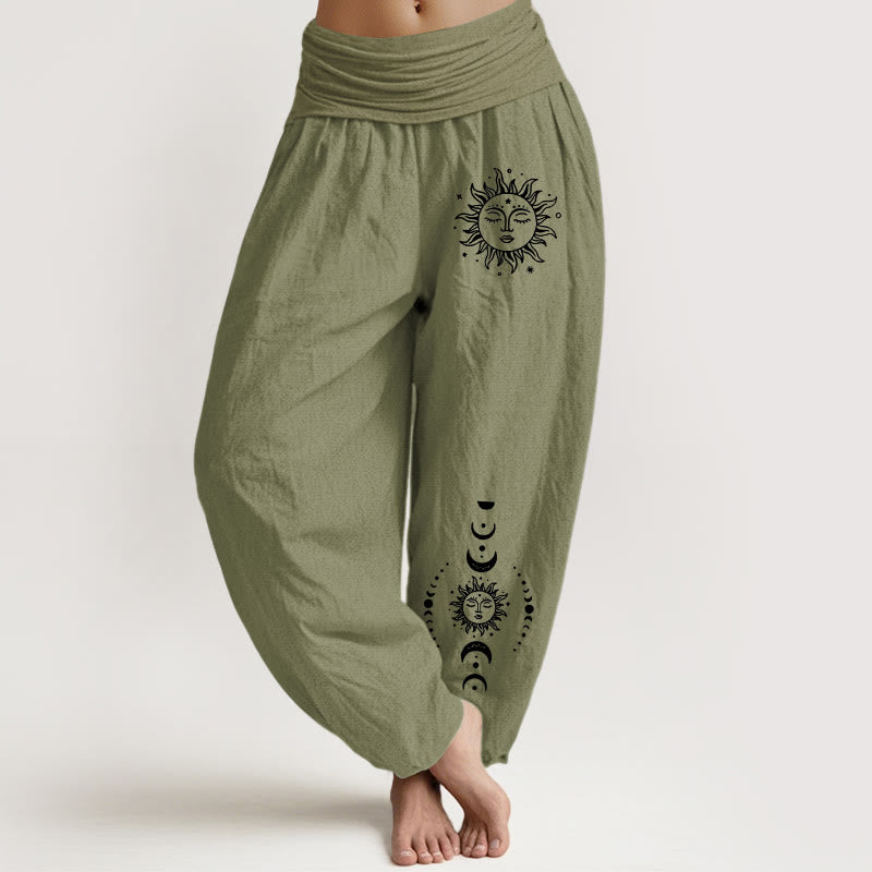 Nimara Ritual Sun Moon Stars Pattern Women's Elastic Waist Harem Pure Cotton Pants