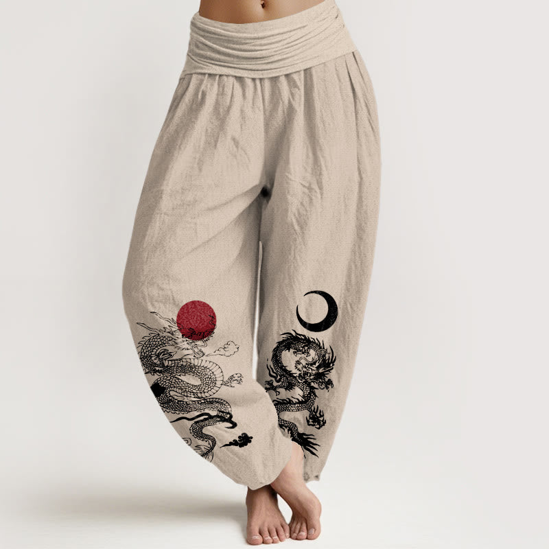 Nimara Ritual Pure Cotton Dragon Sun Moon Pattern Women's Elastic Waist Harem Pants