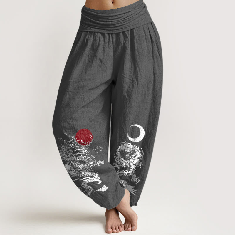 Nimara Ritual Pure Cotton Dragon Sun Moon Pattern Women's Elastic Waist Harem Pants