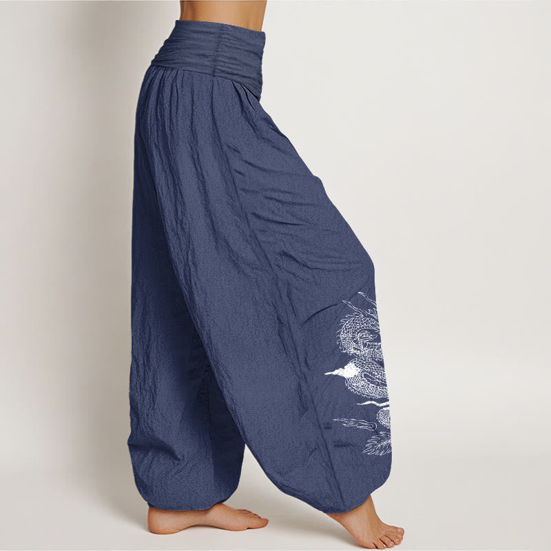 Nimara Ritual Pure Cotton Dragon Sun Moon Pattern Women's Elastic Waist Harem Pants