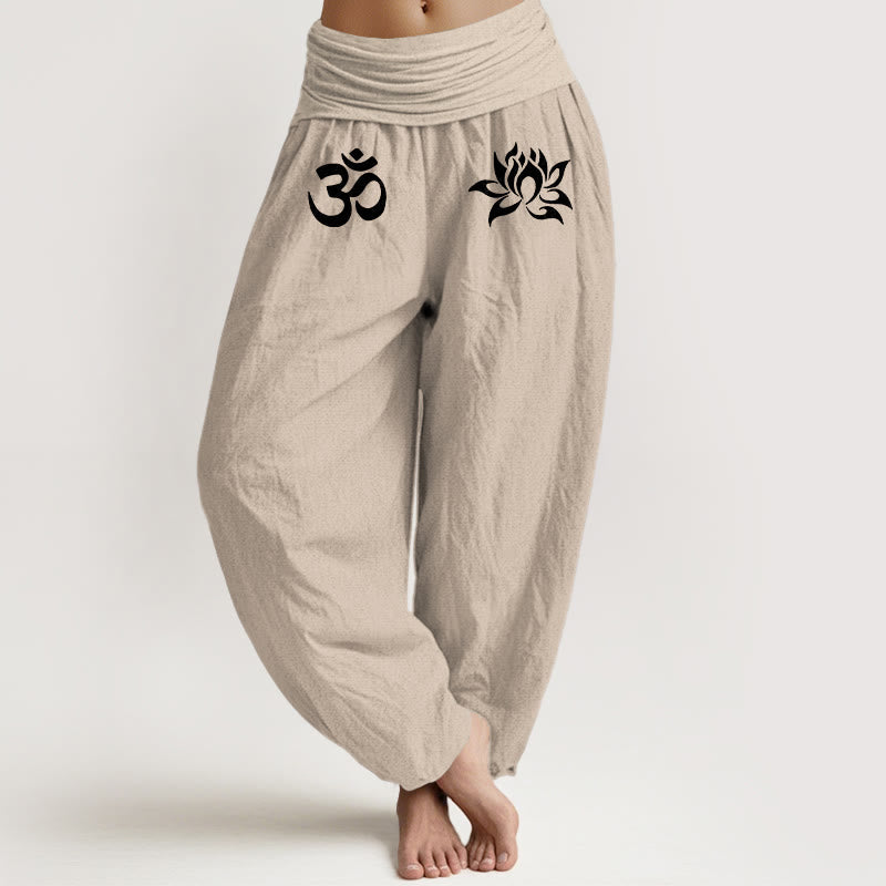 Nimara Ritual Solid Color Pure Cotton Lotus Om Symbol Pattern Women's Elastic Waist Harem Pants