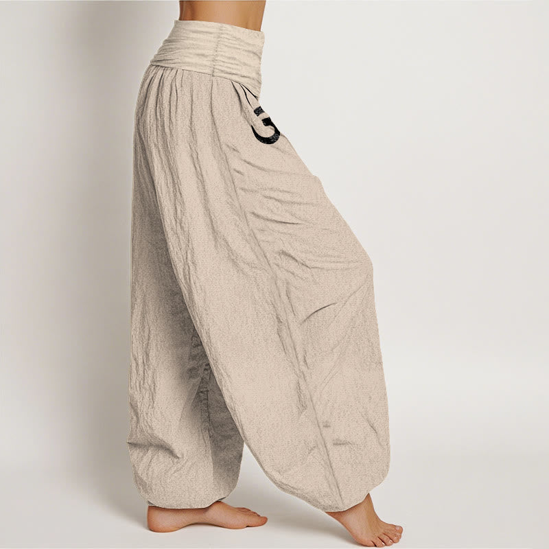 Nimara Ritual Solid Color Pure Cotton Lotus Om Symbol Pattern Women's Elastic Waist Harem Pants
