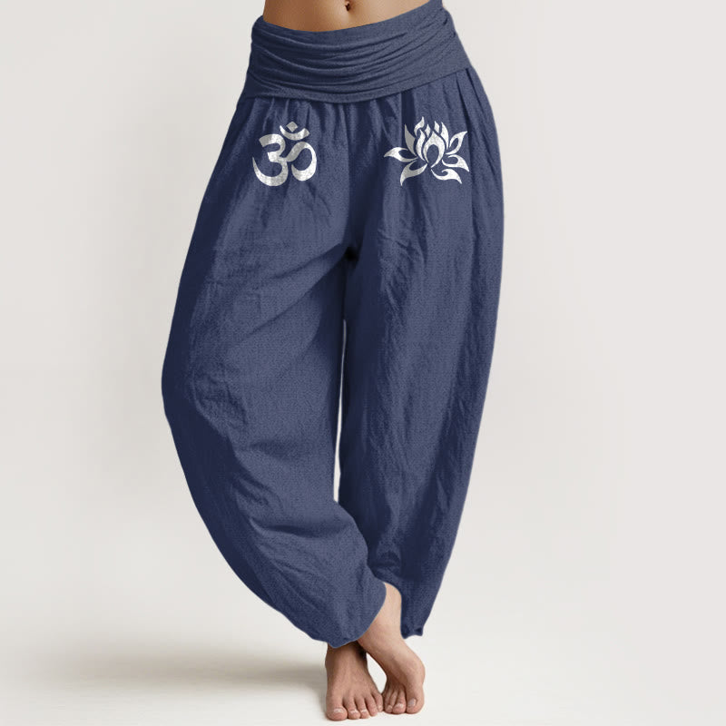 Nimara Ritual Solid Color Pure Cotton Lotus Om Symbol Pattern Women's Elastic Waist Harem Pants