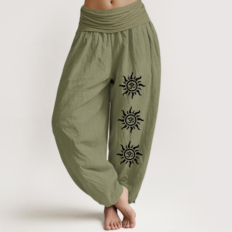 Nimara Ritual Solid Color Pure Cotton Sun Om Symbol Pattern Women's Elastic Waist Harem Pants