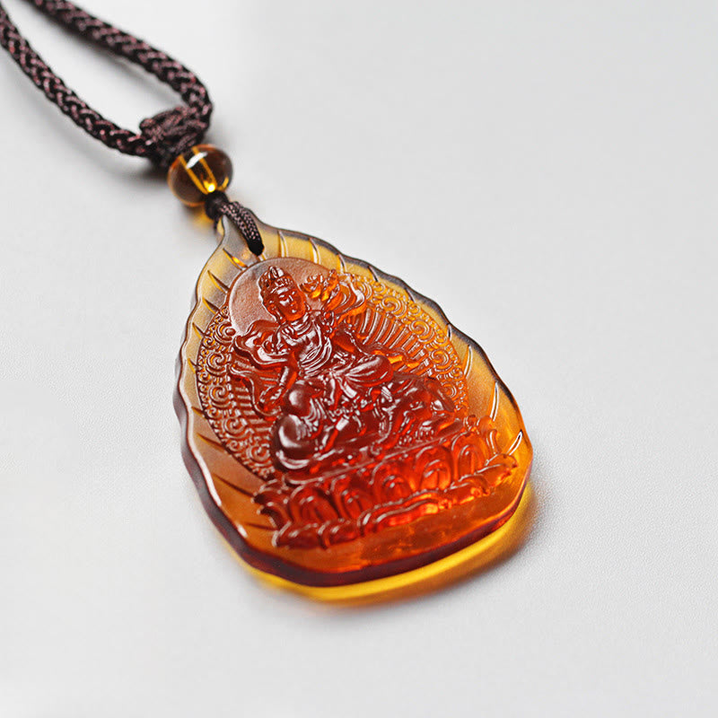 Nimara Ritual Liuli Crystal Chinese Zodiac Natal Buddha Protection Leaf Shape Necklace Pendant
