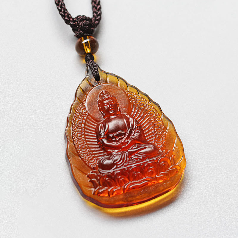 Nimara Ritual Liuli Crystal Chinese Zodiac Natal Buddha Protection Leaf Shape Necklace Pendant