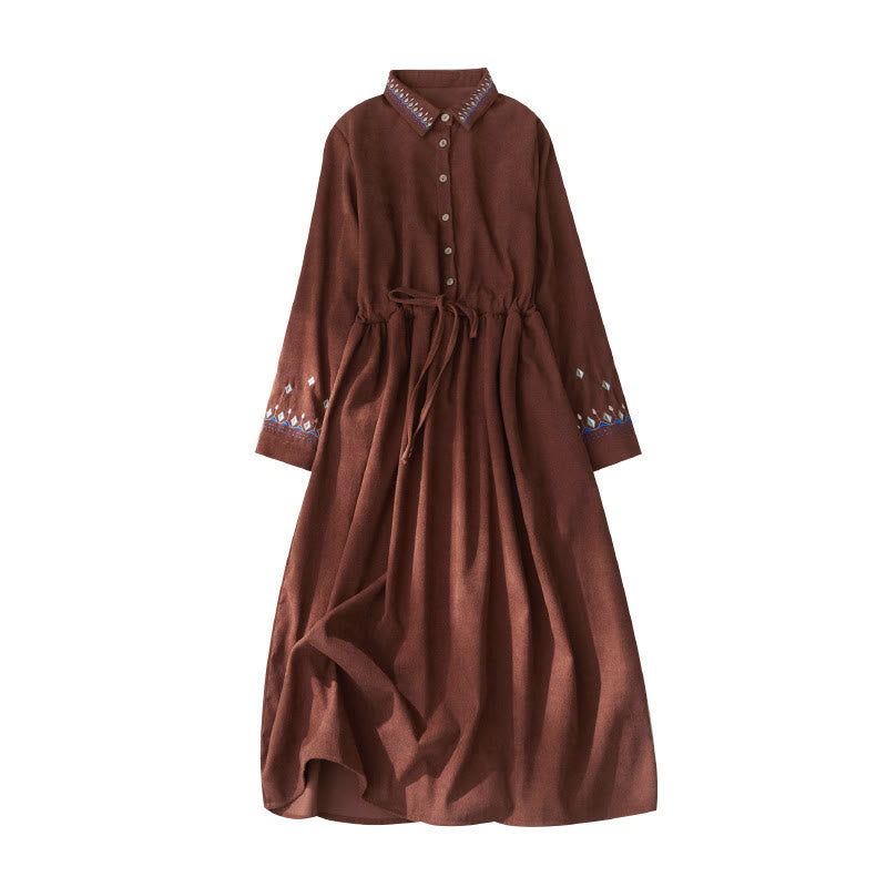 Nimara Ritual Embroidered Floral Pattern Lace-up Design Long Sleeve Midi Dress With Pockets