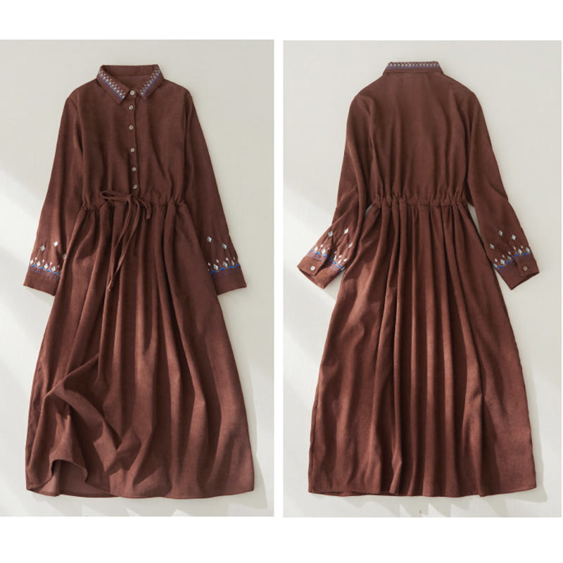 Nimara Ritual Embroidered Floral Pattern Lace-up Design Long Sleeve Midi Dress With Pockets
