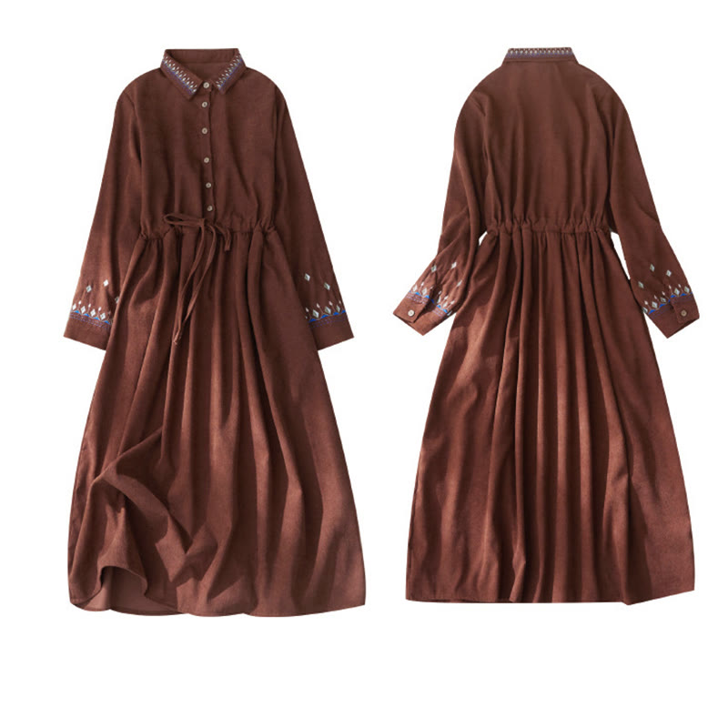 Nimara Ritual Embroidered Floral Pattern Lace-up Design Long Sleeve Midi Dress With Pockets