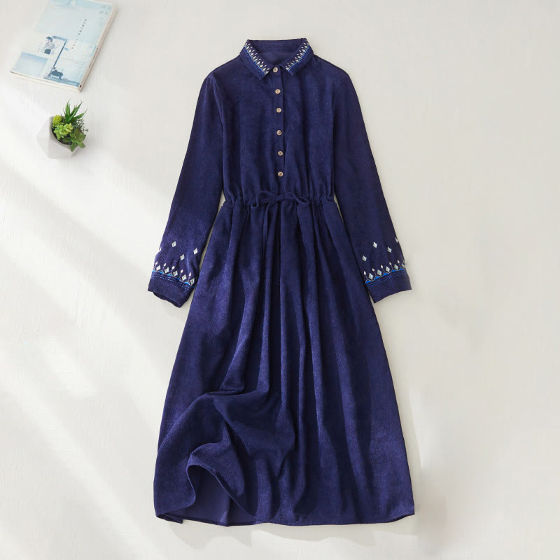 Nimara Ritual Embroidered Floral Pattern Lace-up Design Long Sleeve Midi Dress With Pockets
