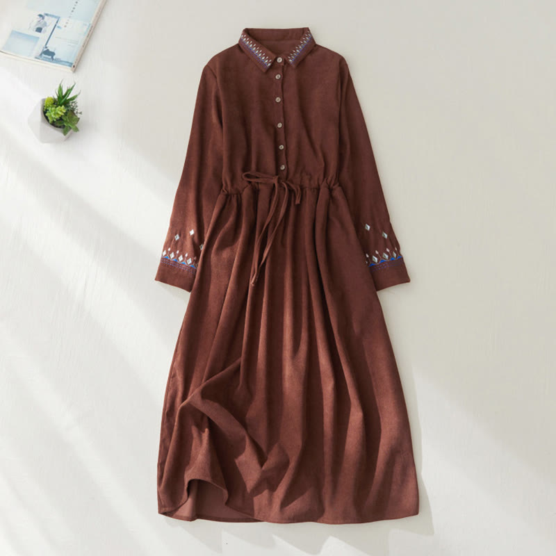 Nimara Ritual Embroidered Floral Pattern Lace-up Design Long Sleeve Midi Dress With Pockets