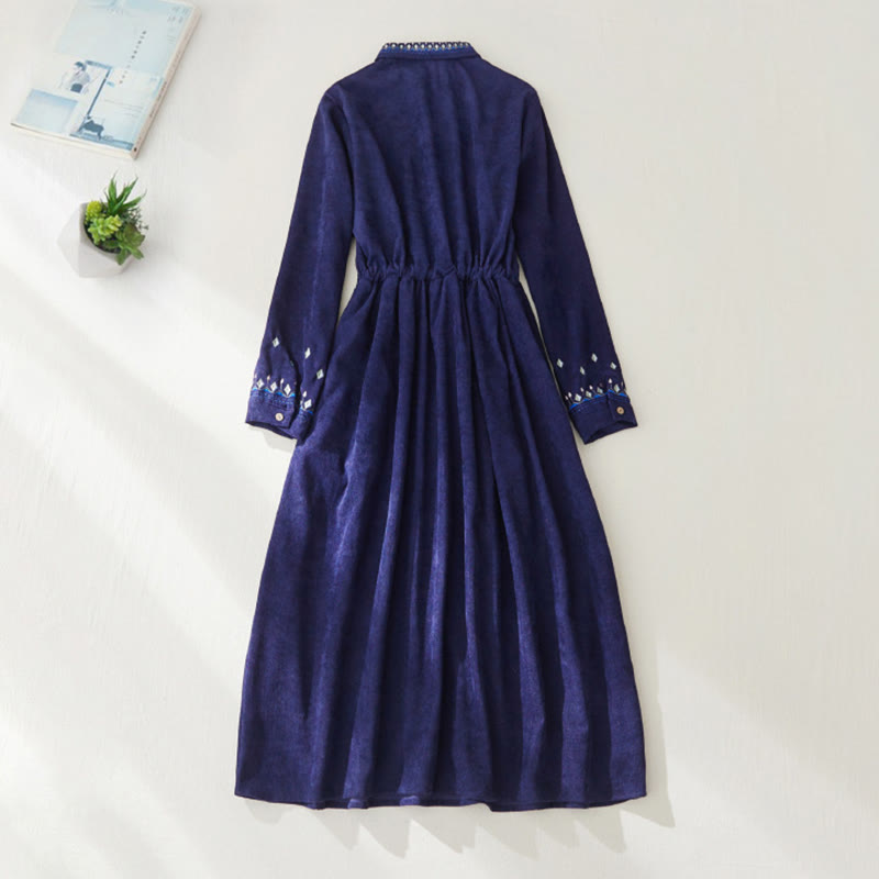 Nimara Ritual Embroidered Floral Pattern Lace-up Design Long Sleeve Midi Dress With Pockets