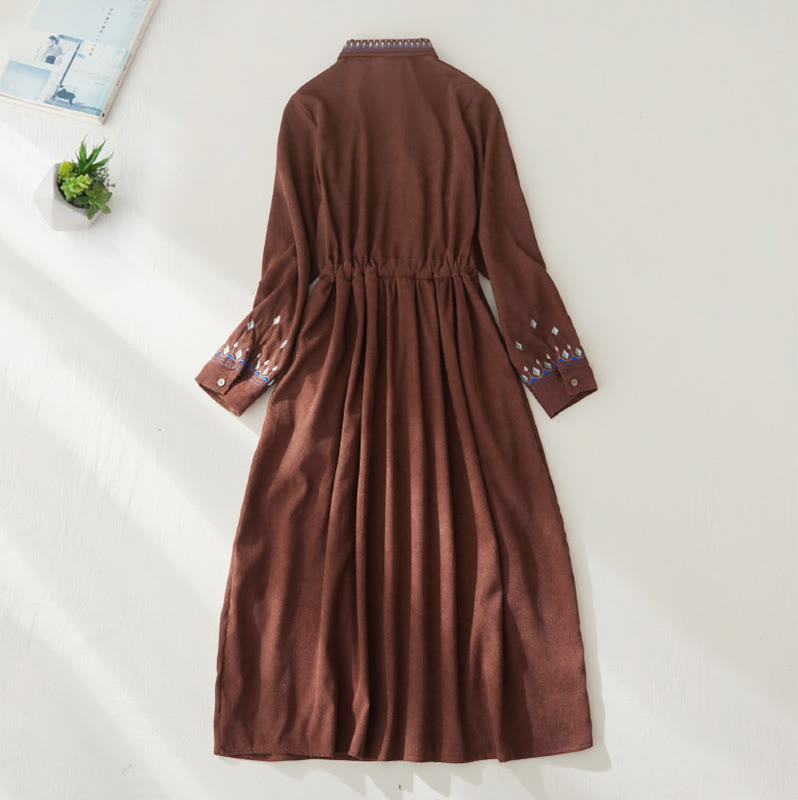 Nimara Ritual Embroidered Floral Pattern Lace-up Design Long Sleeve Midi Dress With Pockets
