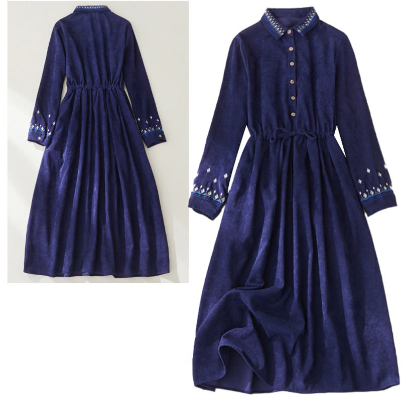 Nimara Ritual Embroidered Floral Pattern Lace-up Design Long Sleeve Midi Dress With Pockets