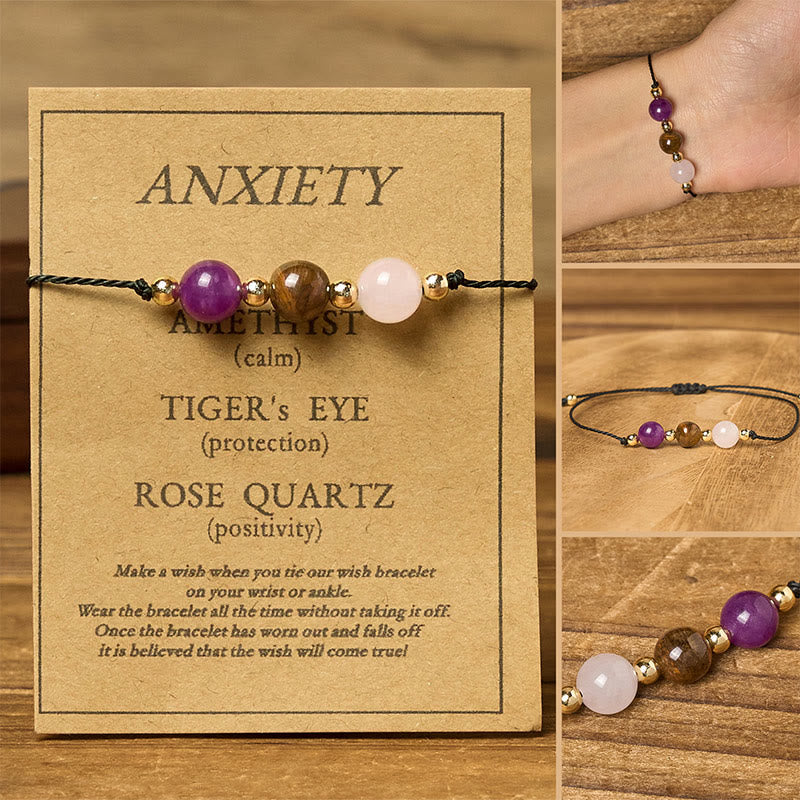 Nimara Ritual Amethyst Tiger Eye Rose Quartz Protection Anti-Anxiety Card Rope Bracelet