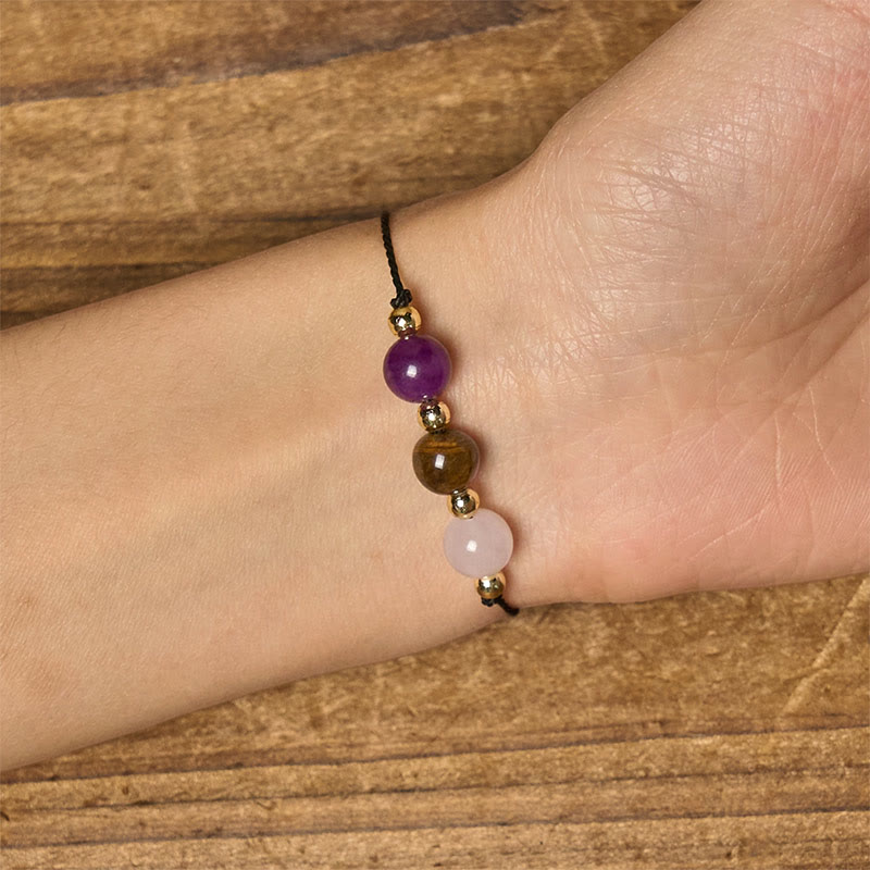 Nimara Ritual Amethyst Tiger Eye Rose Quartz Protection Anti-Anxiety Card Rope Bracelet
