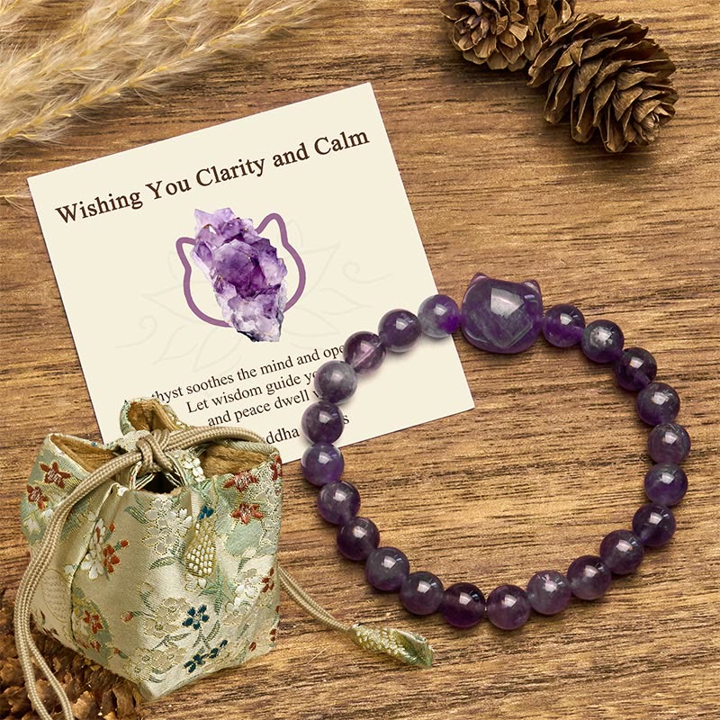 Nimara Ritual "Wishing You Clarity and Calm" Cute Cat Amethyst Bracelet Includes Gift Message Card