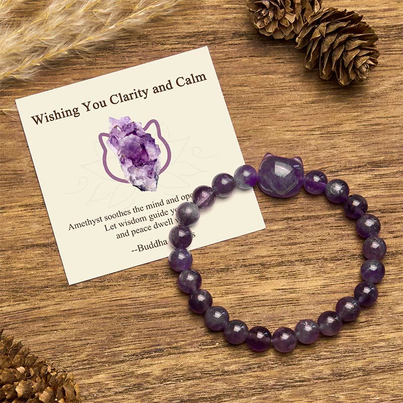 Nimara Ritual "Wishing You Clarity and Calm" Cute Cat Amethyst Bracelet Includes Gift Message Card