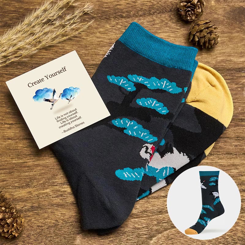 Nimara Ritual "Create Yourself" White Crane Pine Tree Women's Socks Includes Gift Message Card