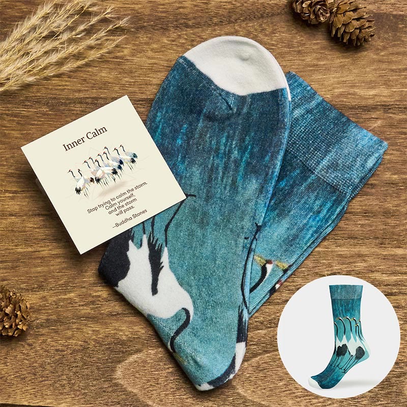 Nimara Ritual "Inner Calm" Casual White Crane Micro Crew Women's Socks Includes Gift Message Card