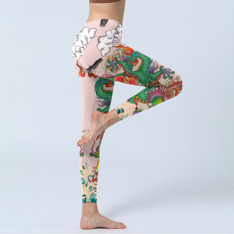 Nimara Ritual Dragon Rose Eagle Waves Auspicious Clouds Pattern Gym Leggings Women's Yoga Pants