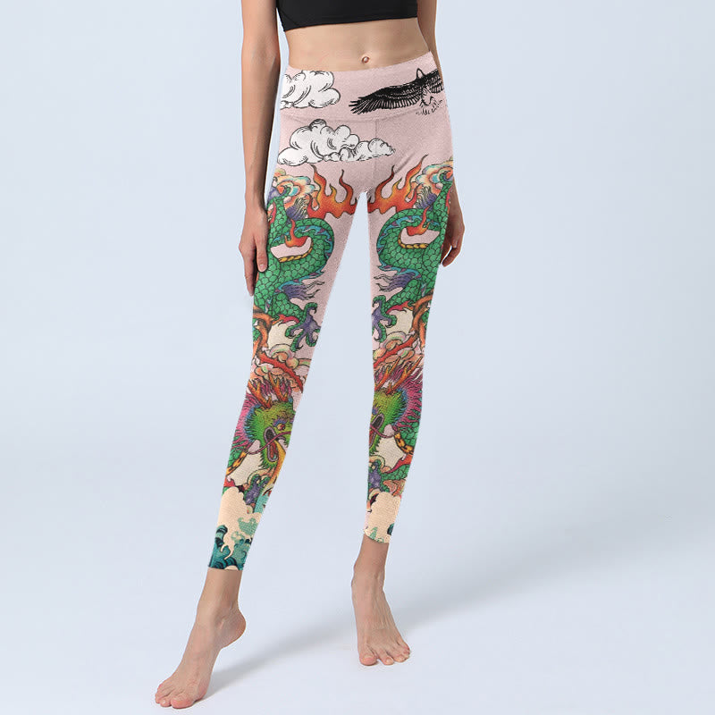 Nimara Ritual Dragon Rose Eagle Waves Auspicious Clouds Pattern Gym Leggings Women's Yoga Pants