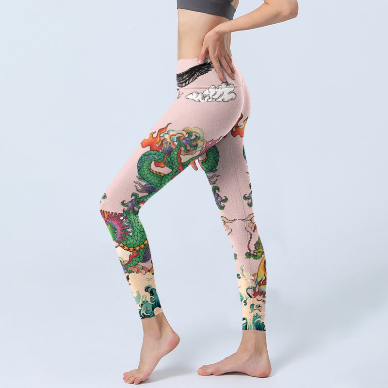 Nimara Ritual Dragon Rose Eagle Waves Auspicious Clouds Pattern Gym Leggings Women's Yoga Pants